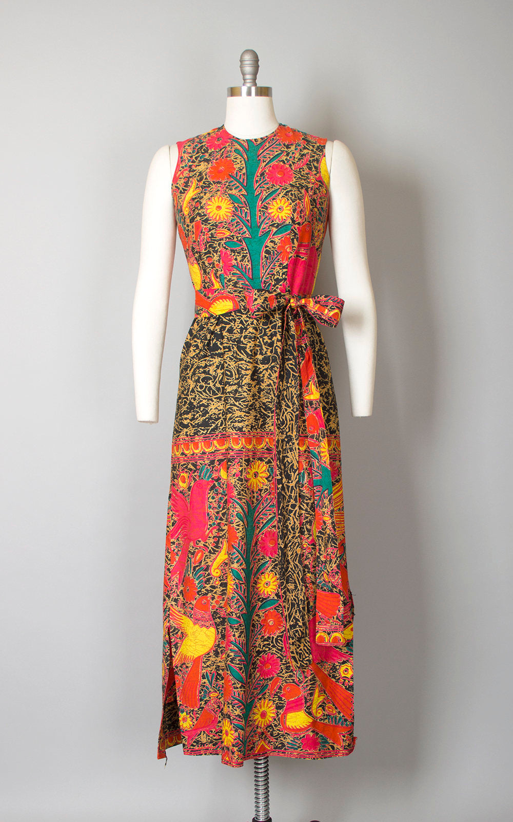 Vintage 1960s 1970s Dress | 60s 70s Mexican Sun Dress Floral Bird Novelty Batik Wax Print Cotton Maxi Day Dress (small)