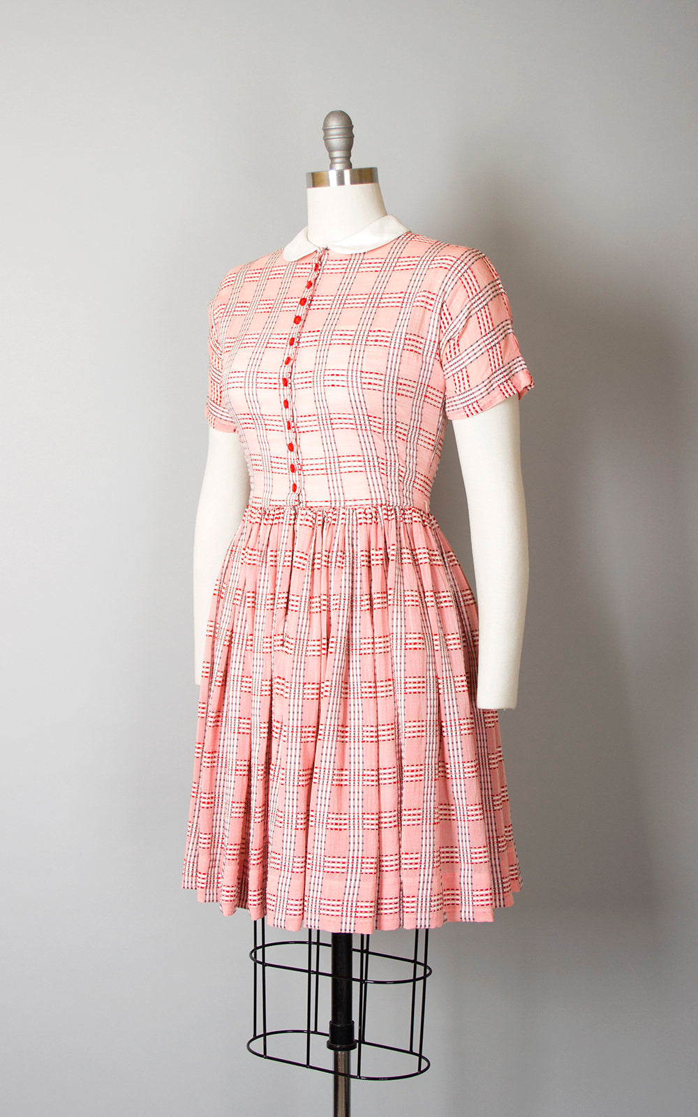 Vintage 1950s Dress | 50s LANZ Sheer Cotton Red Pink Plaid Peter Pan Collar Full Skirt Shirtwaist Day Dress (small)