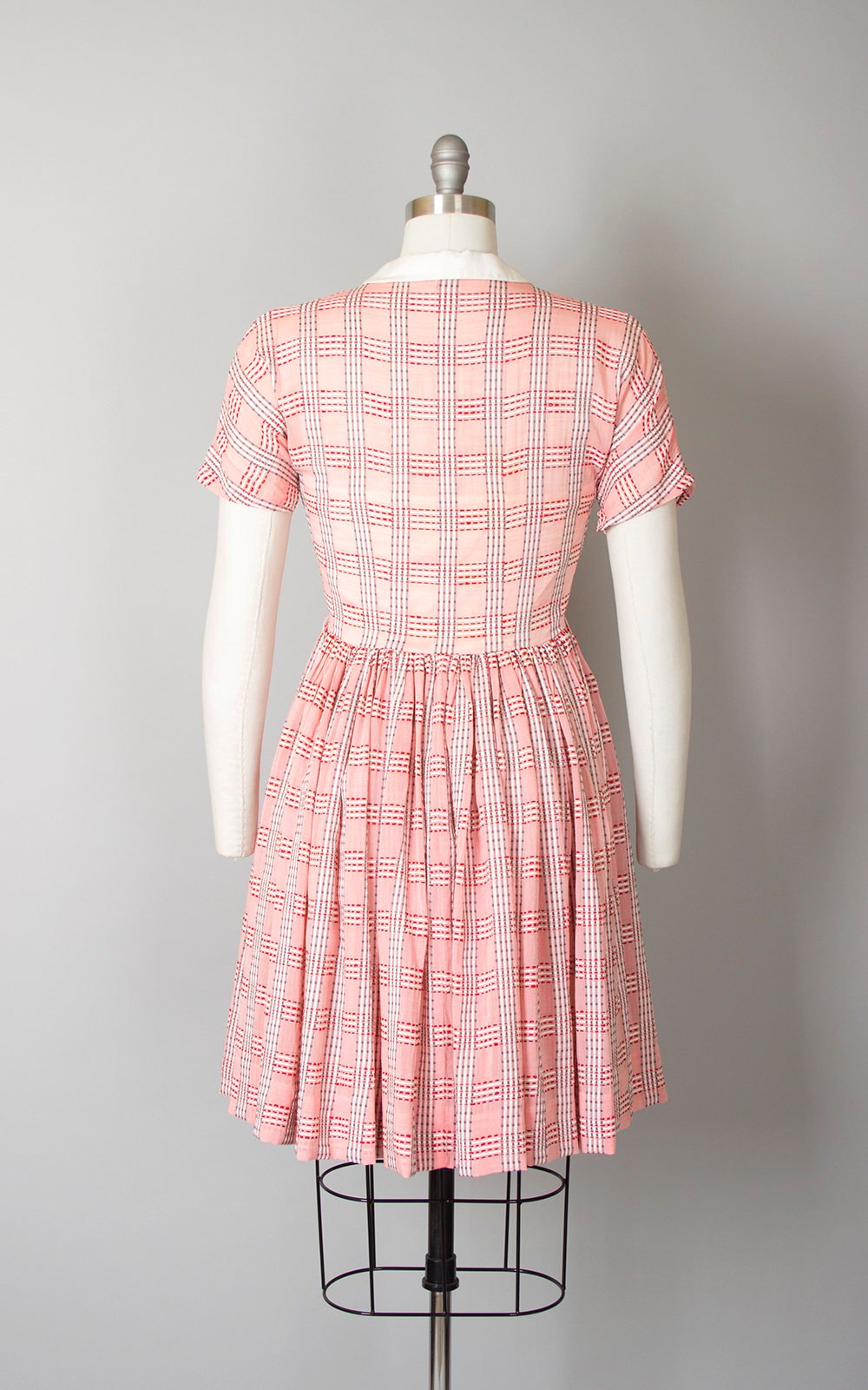 Vintage 1950s Dress | 50s LANZ Sheer Cotton Red Pink Plaid Peter Pan Collar Full Skirt Shirtwaist Day Dress (small)