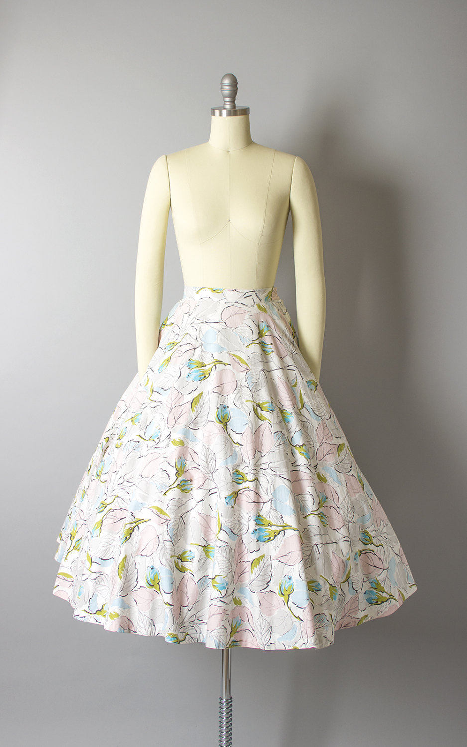 Vintage 1950s Skirt | 50s JERRY GILDEN Rose Floral Cotton Rhinestones Full Circle Skirt with Pockets (small)