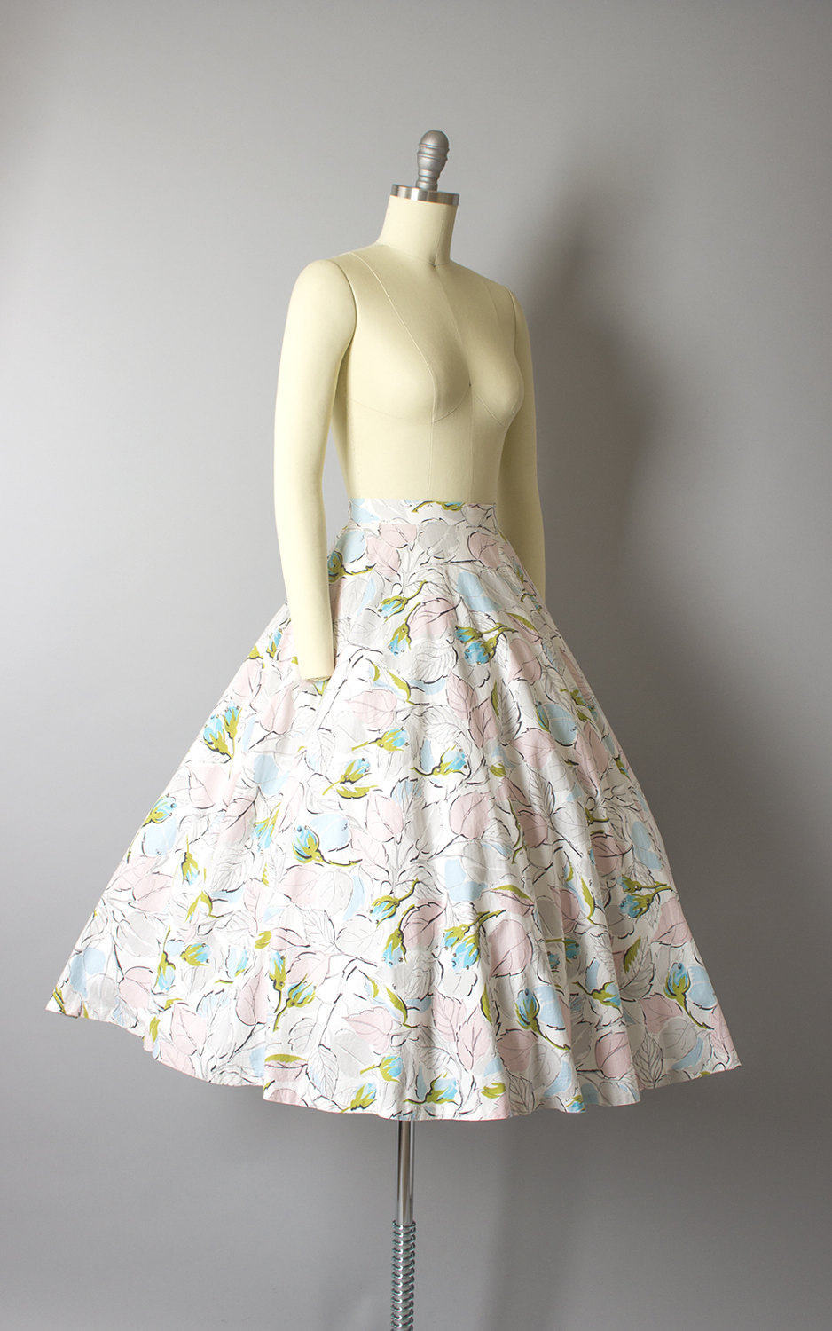 Vintage 1950s Skirt | 50s JERRY GILDEN Rose Floral Cotton Rhinestones Full Circle Skirt with Pockets (small)