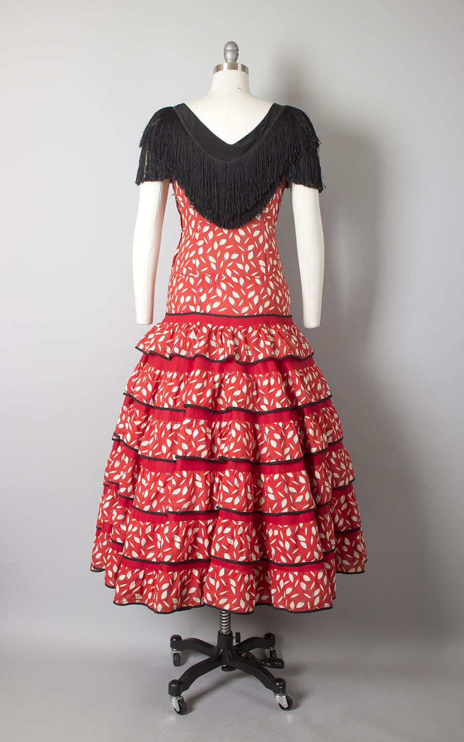Vintage 1940s Dress | 40s Spanish Flamenco Dance Costume Red Cotton Black Fringe Novelty Print Tiered Circle Skirt Dress (medium)