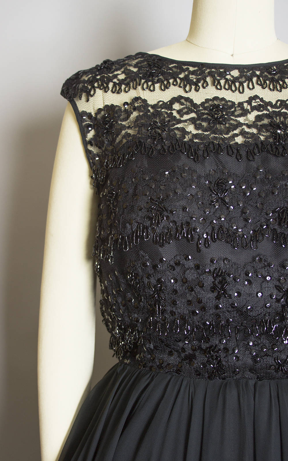 Vintage 1950s Dress | 50s Beaded Sequin Black Chiffon Sheer Lace Full Skirt Party Dress (small)