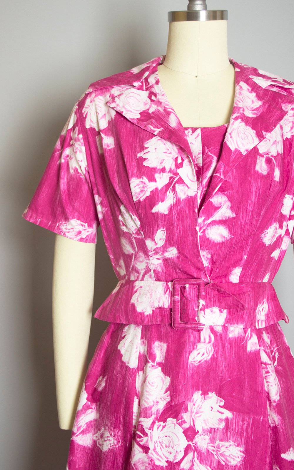 Vintage 1950s Dress Set | 50s Rose Floral Print Cotton Hot Pink Full Skirt Sundress Matching Bolero Jacket (xs)