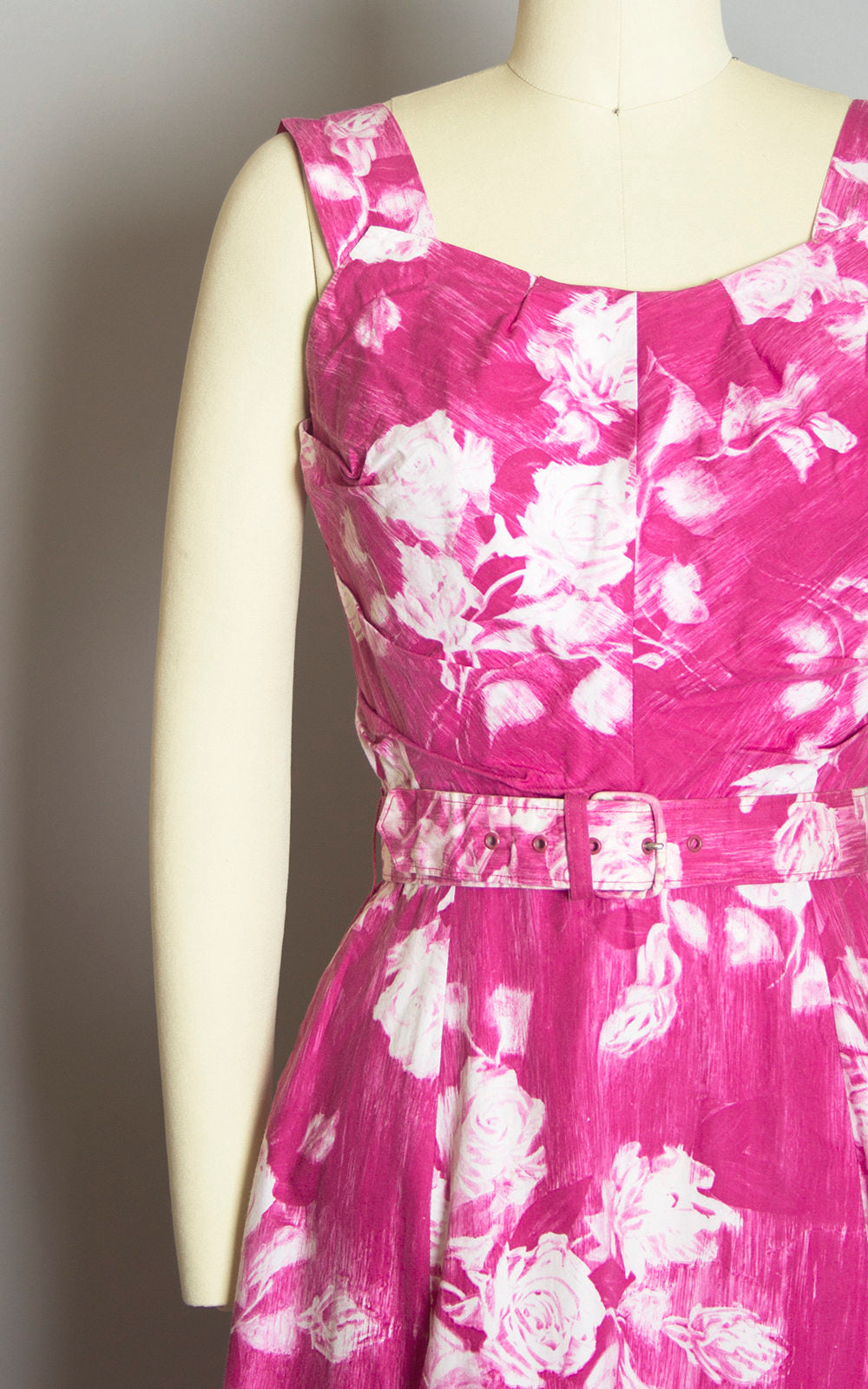 Vintage 1950s Dress Set | 50s Rose Floral Print Cotton Hot Pink Full Skirt Sundress Matching Bolero Jacket (xs)