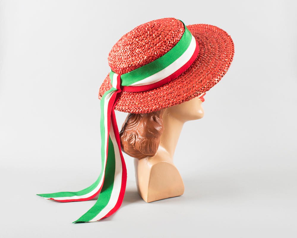 Vintage 1940s Hat | 40s Red Woven Straw Sun Hat Striped Ribbon Mexican Italian Summer Boater Hat (small)
