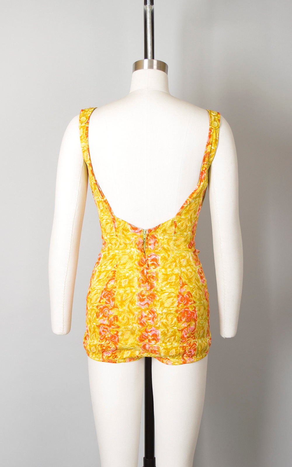 Vintage 1960s Swimsuit | 60s ROSE MARIE REID Rose Floral Print Striped Yellow Pink Open Back One Piece Pin Up Bathing Suit (medium/large)