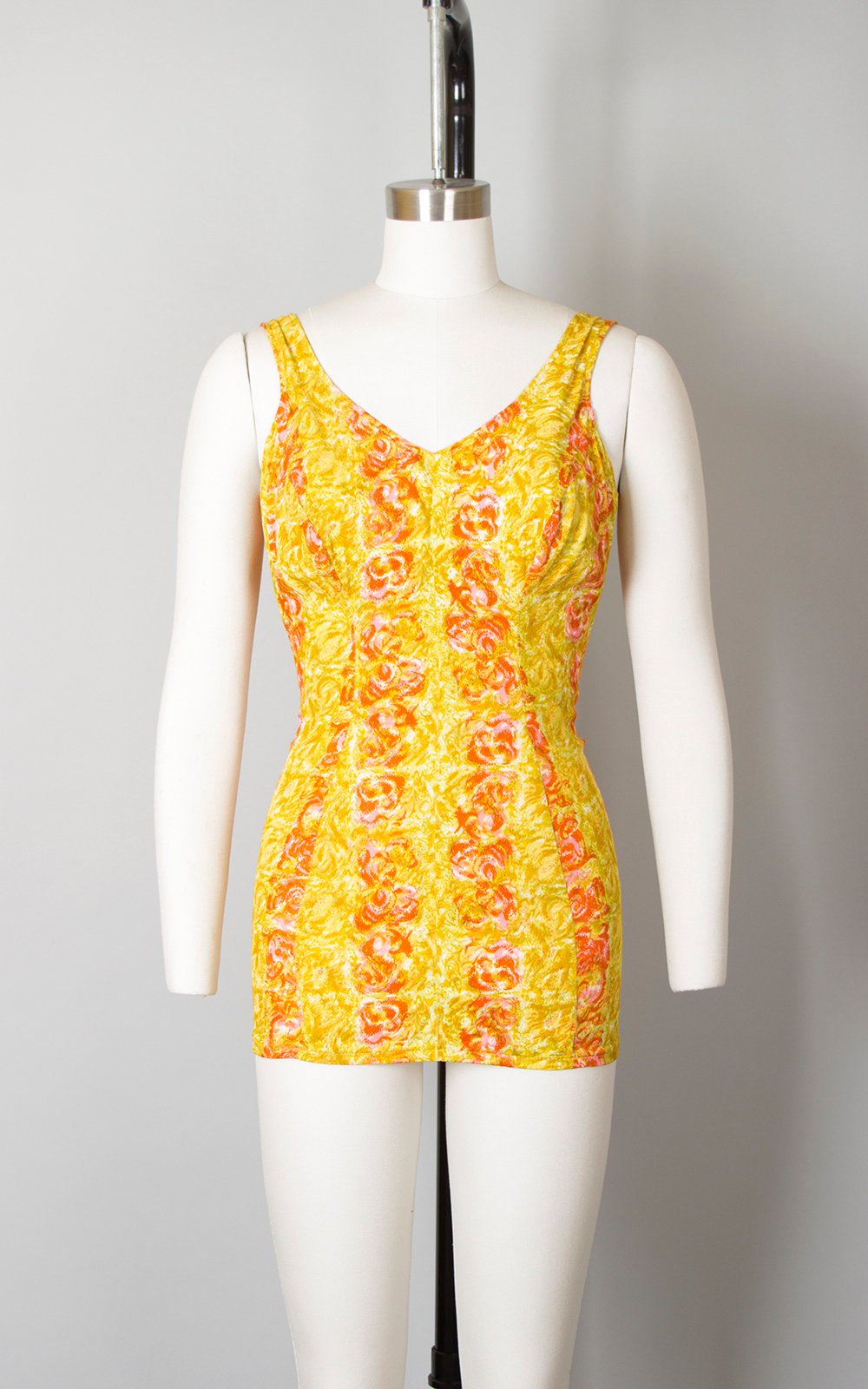 Vintage 1960s Swimsuit | 60s ROSE MARIE REID Rose Floral Print Striped Yellow Pink Open Back One Piece Pin Up Bathing Suit (medium/large)