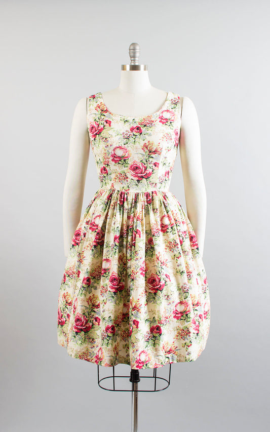Vintage 1950s Dress | 50s Rose Floral Cotton Sundress Full Skirt Cream Day Dress (small)