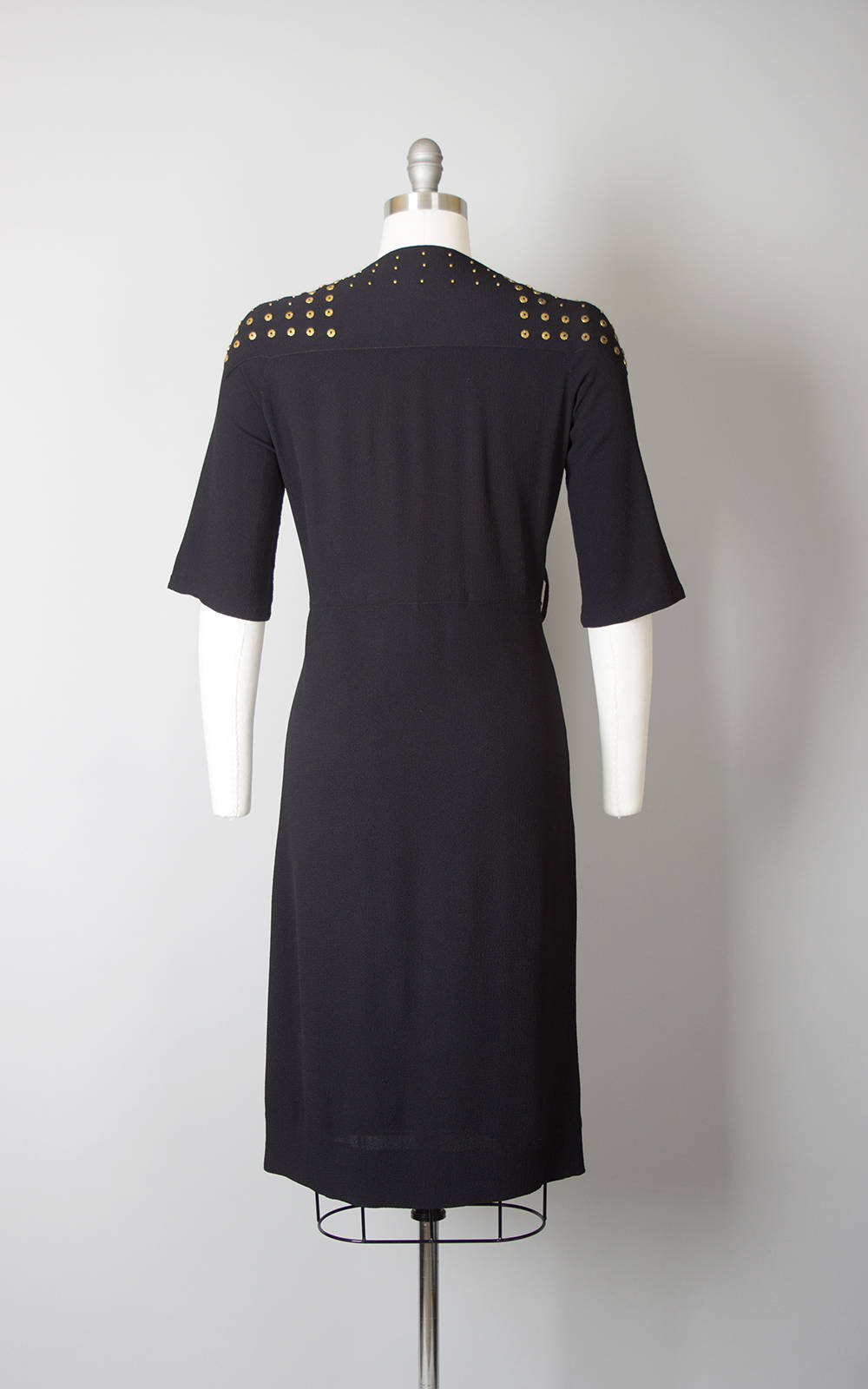 1930s Brass Studded Black Rayon Crepe Cocktail Dress | small Birthday Life Vintage 1930s Brass Studded Black Rayon Crepe Cocktail Dress | small Birthday Life Vintage