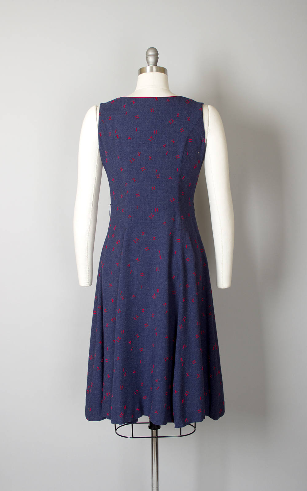 Vintage 1940s Dress | 40s Novelty Print Roman Numerals Cotton Flocked Full Skirt Navy Blue Red Shirtwaist Day Dress (medium)