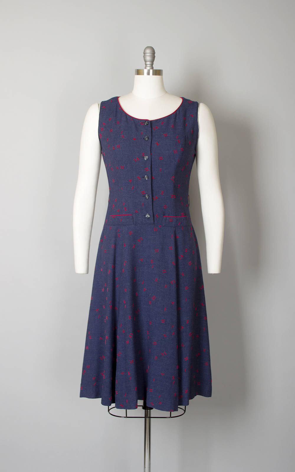 Vintage 1940s Dress | 40s Novelty Print Roman Numerals Cotton Flocked Full Skirt Navy Blue Red Shirtwaist Day Dress (medium)