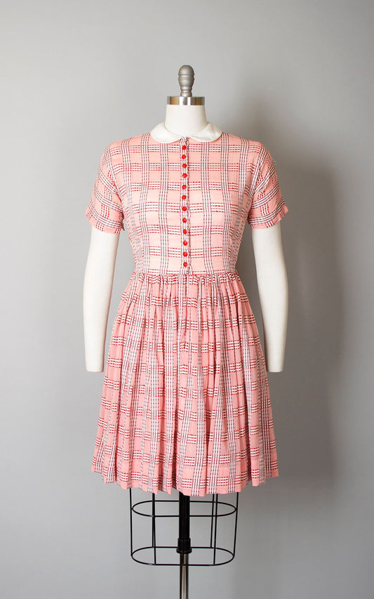 Vintage 1950s Dress | 50s LANZ Sheer Cotton Red Pink Plaid Peter Pan Collar Full Skirt Shirtwaist Day Dress (small)