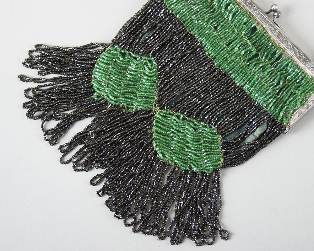 Vintage 1920s 1930s Purse | 20s 30s Beaded Fringe Art Deco Microbeaded Emerald Green Gray Evening Handbag