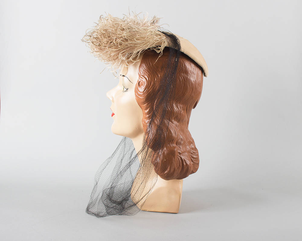 Vintage 1940s Hat | 40s NEW YORK CREATION Pink Ostrich Feather Pom Pom Velvet Long Net Veil Juliet Cap Fascinator