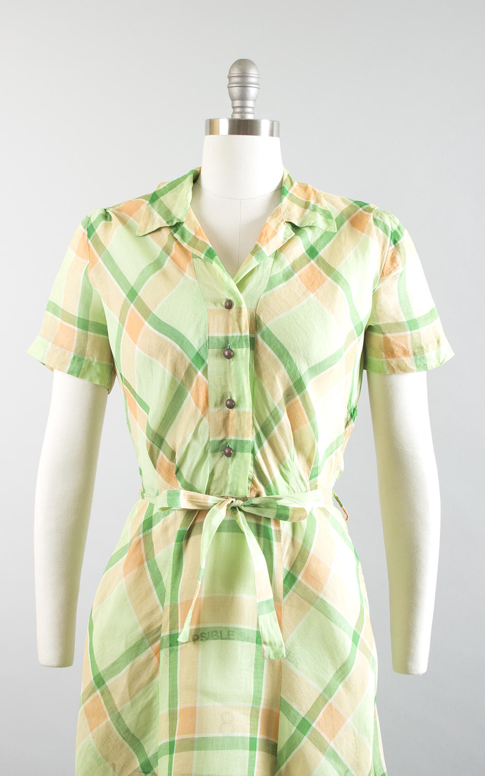 Vintage 1940s Dress | 40s Plaid Sheer Cotton Organza Green Orange Shirtwaist Day Dress (small/medium)