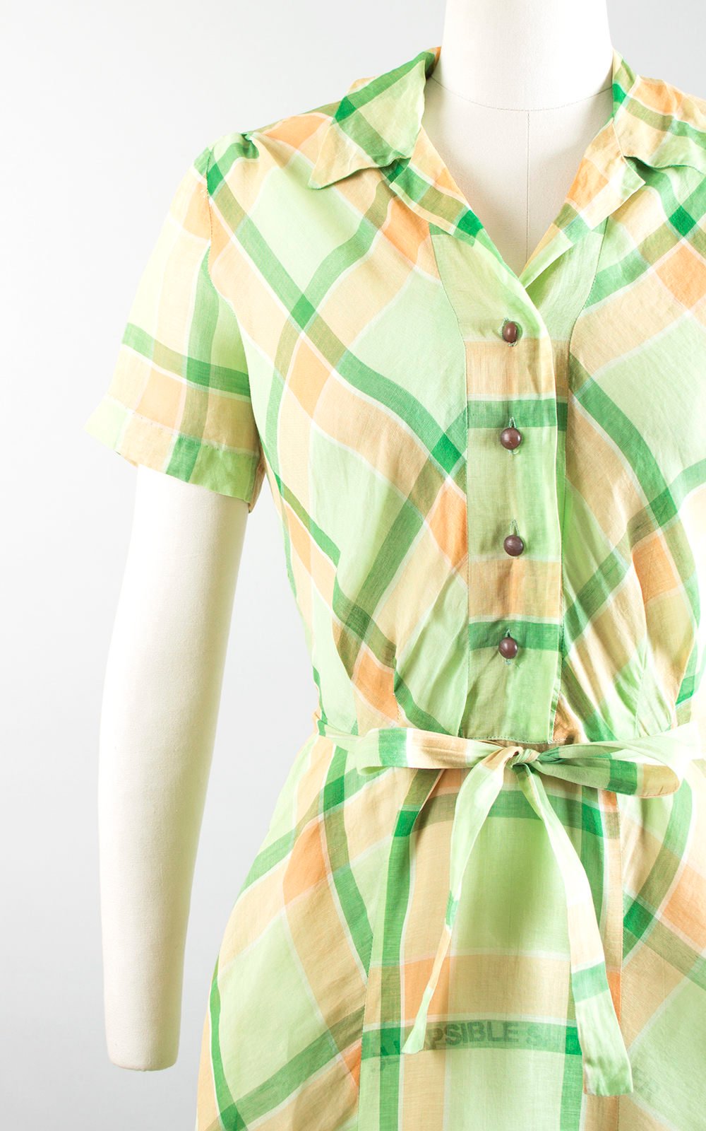 Vintage 1940s Dress | 40s Plaid Sheer Cotton Organza Green Orange Shirtwaist Day Dress (small/medium)