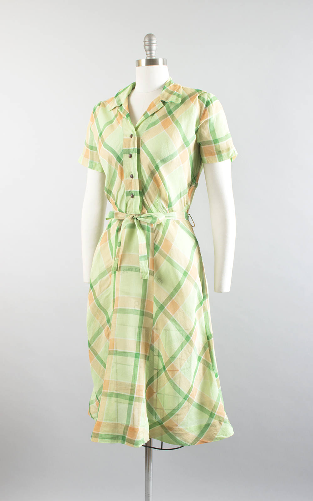 Vintage 1940s Dress | 40s Plaid Sheer Cotton Organza Green Orange Shirtwaist Day Dress (small/medium)