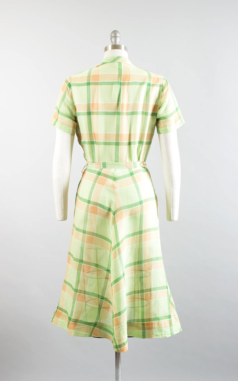 Vintage 1940s Dress | 40s Plaid Sheer Cotton Organza Green Orange Shirtwaist Day Dress (small/medium)