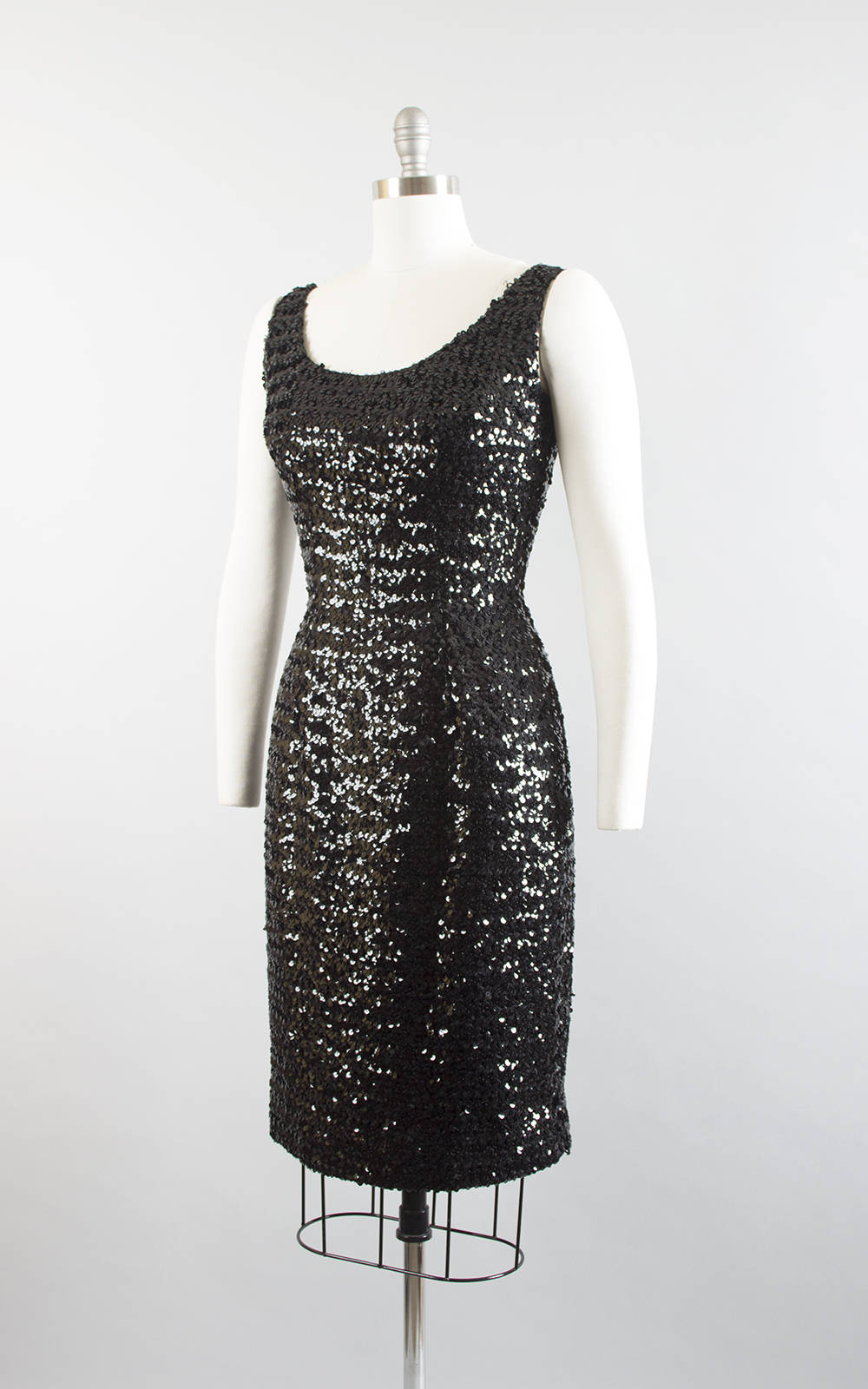 Vintage 1950s Dress | 50s Black Sequin Wiggle Cocktail Party Fully Sequined Evening Dress (medium)