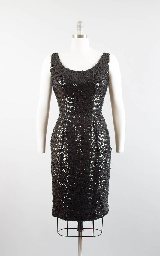 Vintage 1950s Dress | 50s Black Sequin Wiggle Cocktail Party Fully Sequined Evening Dress (medium)