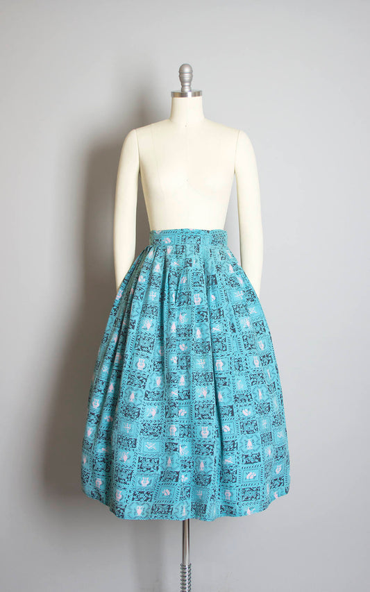 Vintage 1940s Skirt | 40s Blue Floral Novelty Print Rayon Geometric Pleated Full Skirt (x-small)