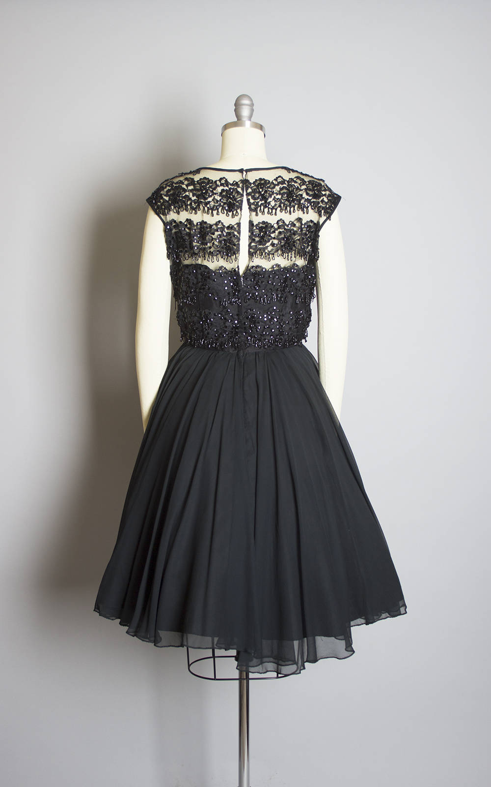 Vintage 1950s Dress | 50s Beaded Sequin Black Chiffon Sheer Lace Full Skirt Party Dress (small)