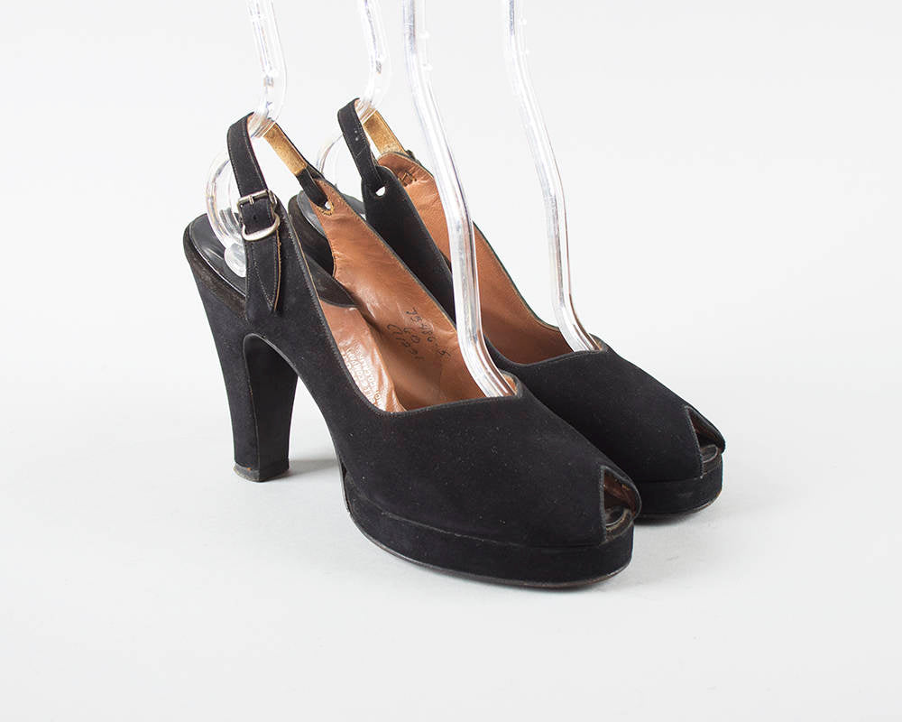 1940s Black Velvety Peep Toe Platforms