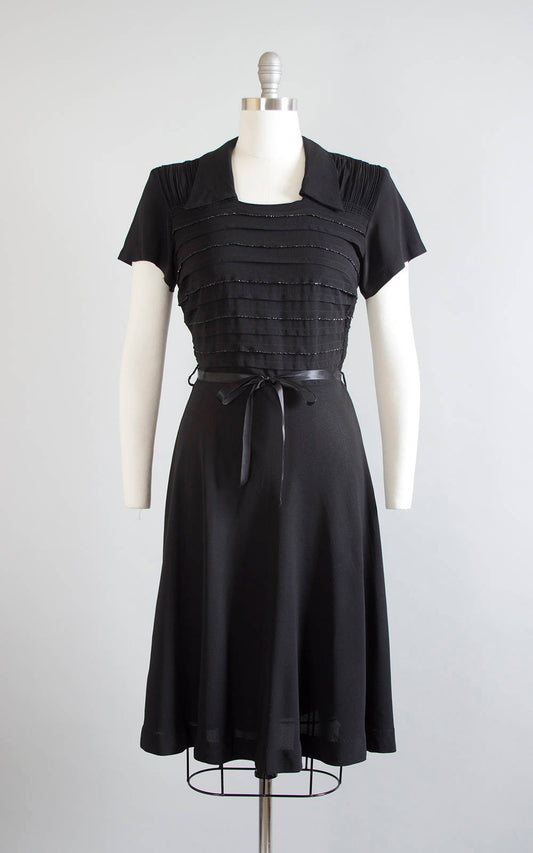 Vintage 1940s Dress | 40s Beaded Black Rayon Pintuck Ruched Full Skirt Cocktail Evening Dress (medium)