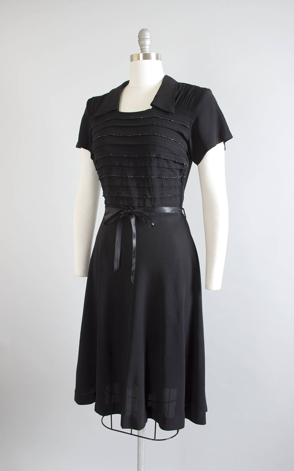 Vintage 1940s Dress | 40s Beaded Black Rayon Pintuck Ruched Full Skirt Cocktail Evening Dress (medium)