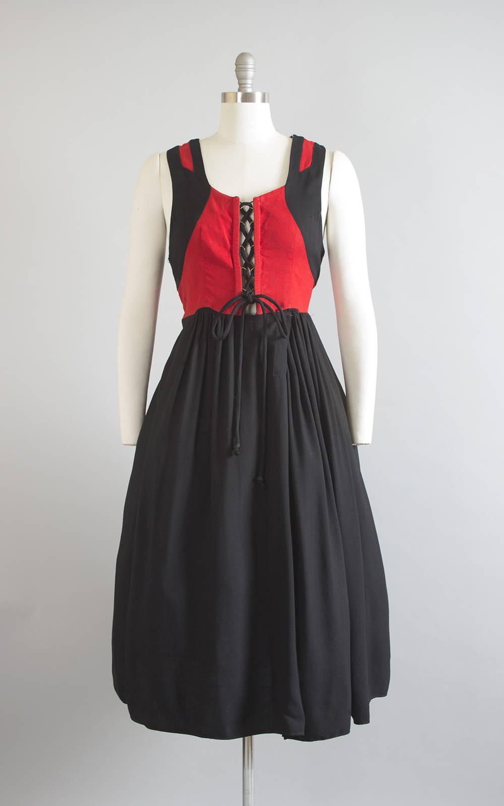 Vintage 1950s 1960s Dress | 50s 60s Traditional German Dirndl Cotton Lace Up Oktoberfest Red Black Full Skirt Folk Sundress (large/xl)