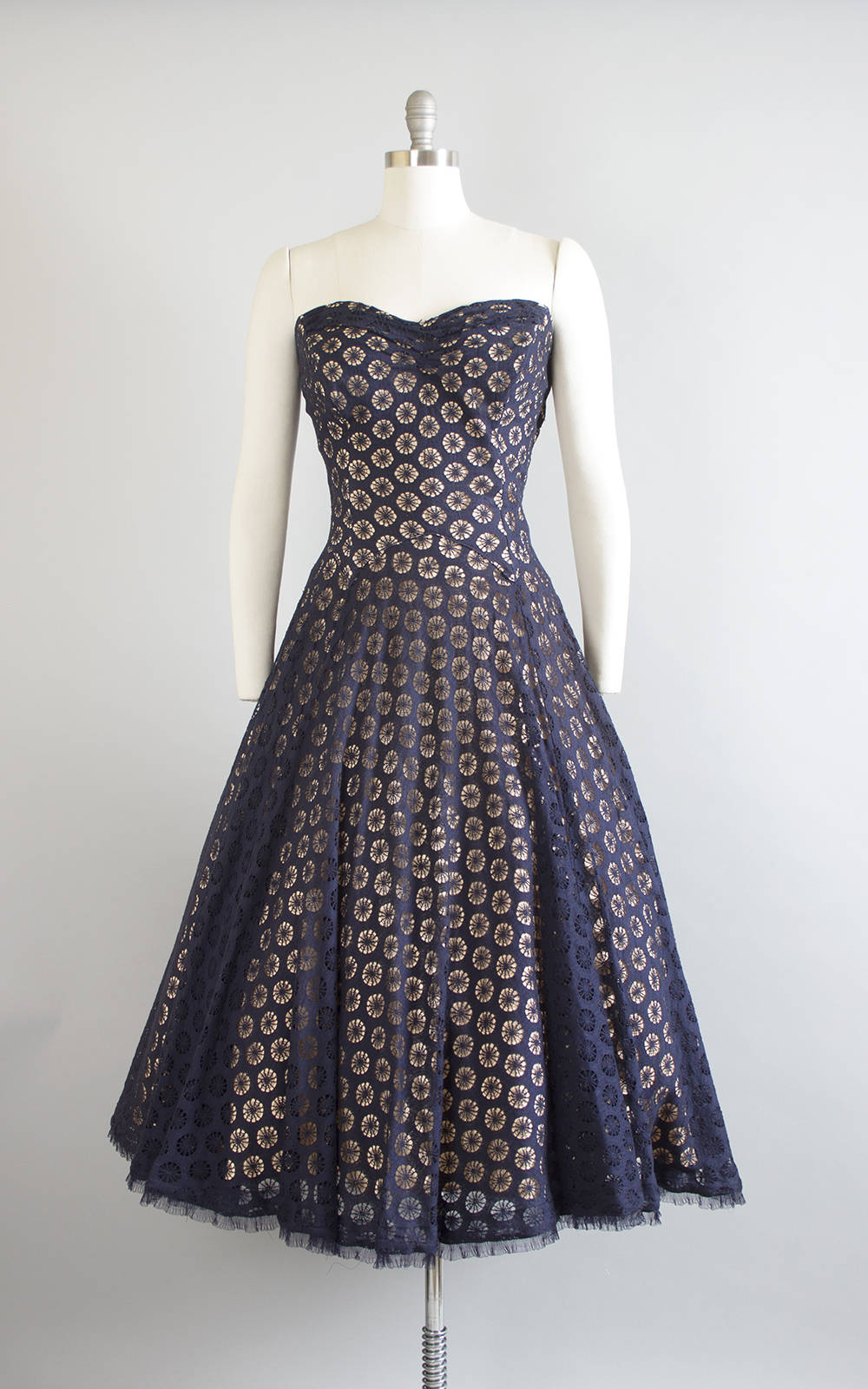 Vintage 1950s Dress | 50s Spiderweb Lace Party Dress Nude Illusion Navy Blue Strapless Drop Waist Circle Skirt Evening Gown (medium)
