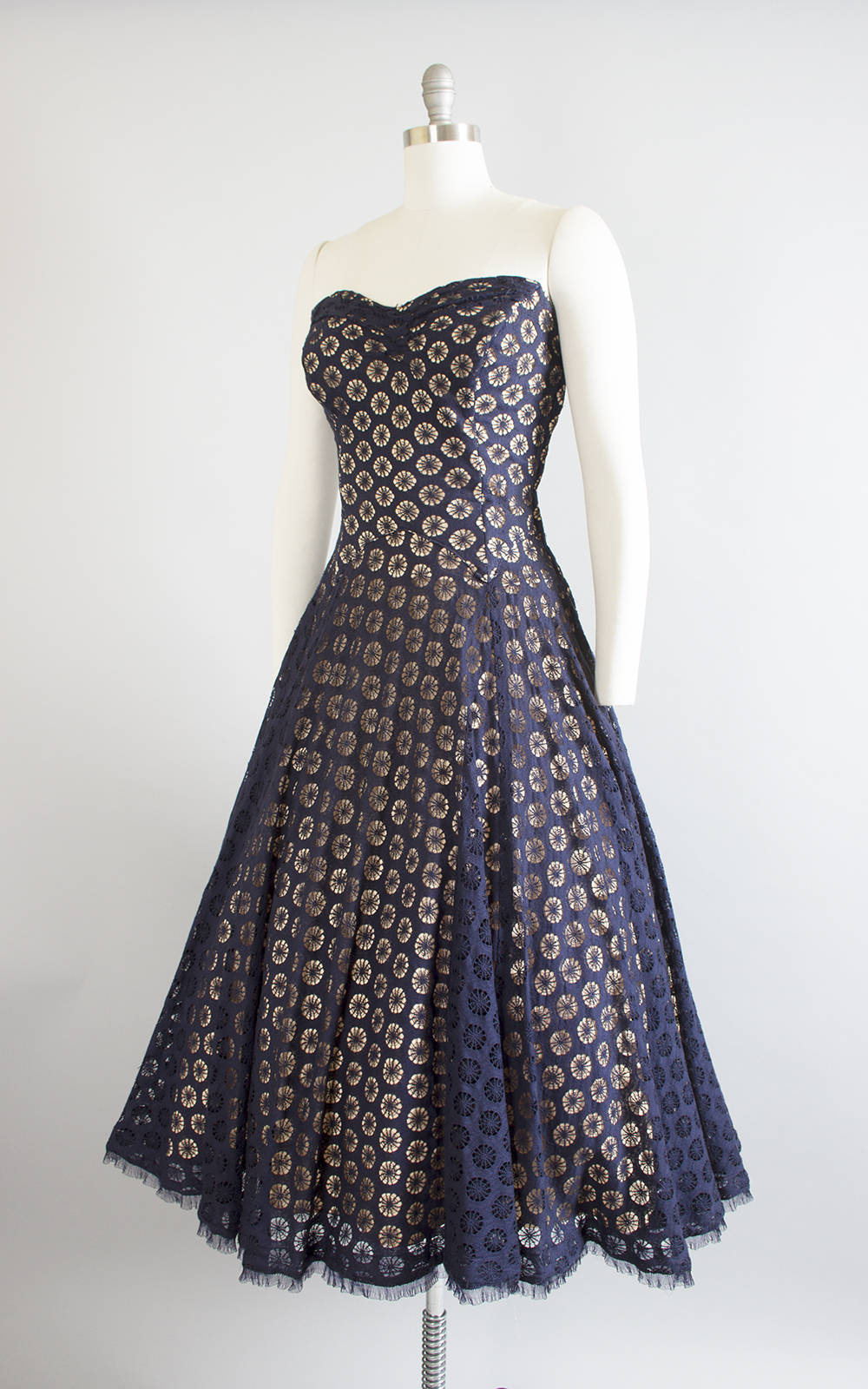 Vintage 1950s Dress | 50s Spiderweb Lace Party Dress Nude Illusion Navy Blue Strapless Drop Waist Circle Skirt Evening Gown (medium)