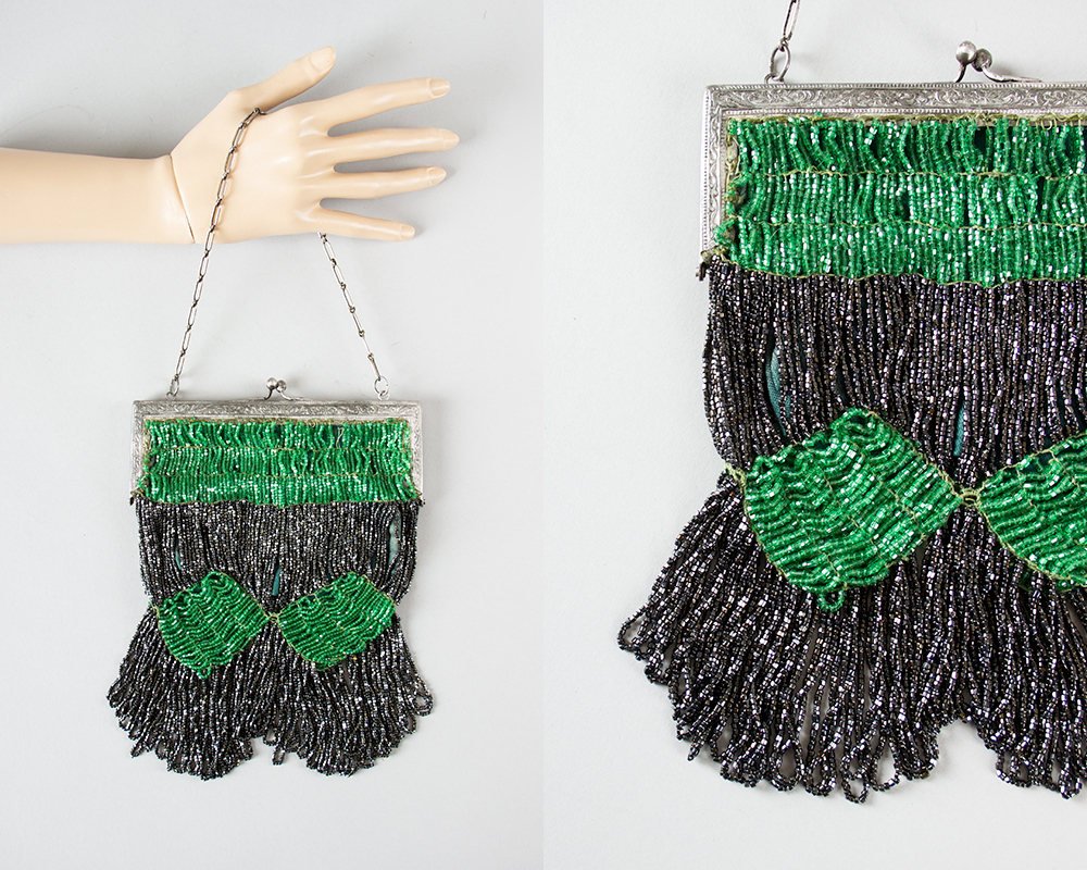 Vintage 1920s 1930s Purse | 20s 30s Beaded Fringe Art Deco Microbeaded Emerald Green Gray Evening Handbag