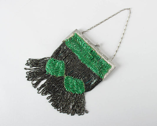 Vintage 1920s 1930s Purse | 20s 30s Beaded Fringe Art Deco Microbeaded Emerald Green Gray Evening Handbag