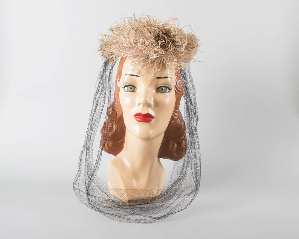 Vintage 1940s Hat | 40s NEW YORK CREATION Pink Ostrich Feather Pom Pom Velvet Long Net Veil Juliet Cap Fascinator