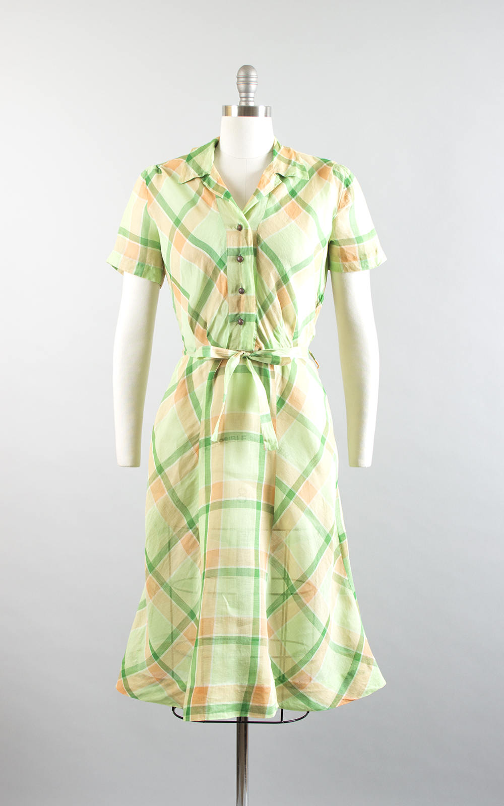 Vintage 1940s Dress | 40s Plaid Sheer Cotton Organza Green Orange Shirtwaist Day Dress (small/medium)