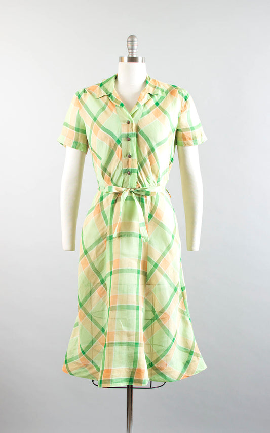 Vintage 1940s Dress | 40s Plaid Sheer Cotton Organza Green Orange Shirtwaist Day Dress (small/medium)