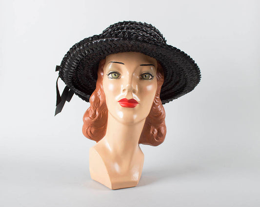 Vintage 1960s Sun Hat | 60s Black Woven Raffia Wide Brim Summer Hat