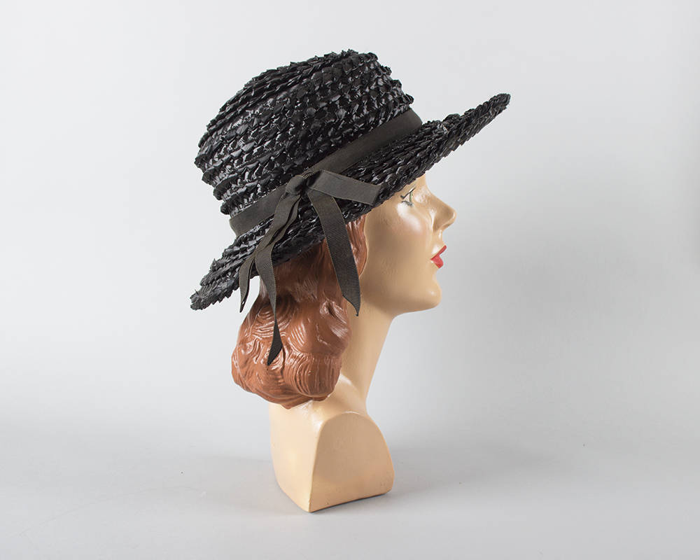 Vintage 1960s Sun Hat | 60s Black Woven Raffia Wide Brim Summer Hat