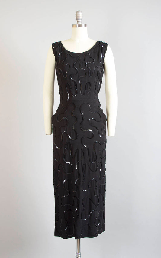 Vintage 1940s Dress | 40s Sequin Soutache Black Rayon Crepe Cocktail Party Wiggle Dress with Pockets (small)