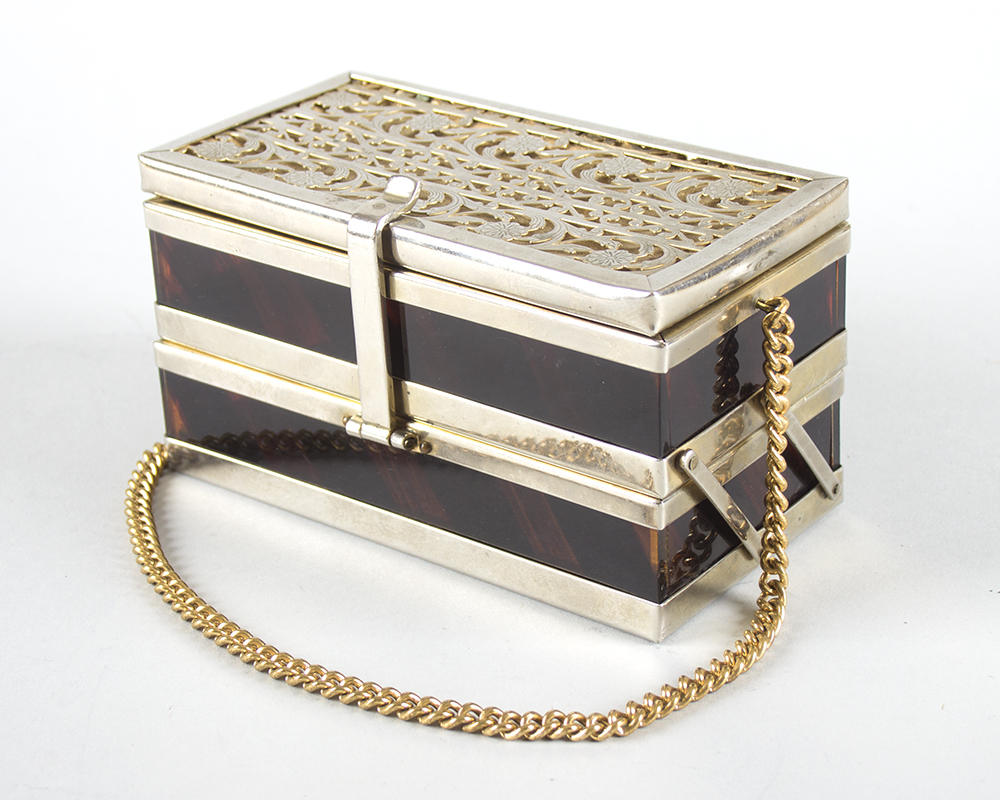 RARE Vintage 1950s Box Purse | 50s TYROLEAN 2-Tray Lucite Metal Gold Tone Floral Filigree Tiger Striped Handbag