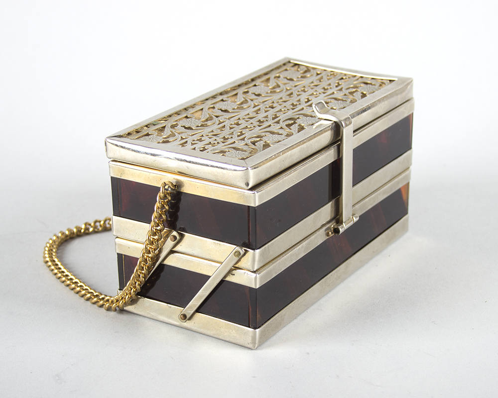 RARE Vintage 1950s Box Purse | 50s TYROLEAN 2-Tray Lucite Metal Gold Tone Floral Filigree Tiger Striped Handbag