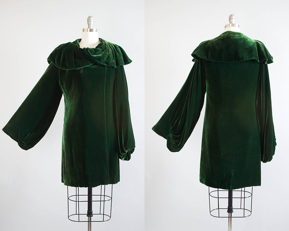 Vintage 1930s Coat | 30s Silk Velvet Dark Green Opera Cloak Ruffled Collar Draped Sleeves Evening Jacket (small/medium)