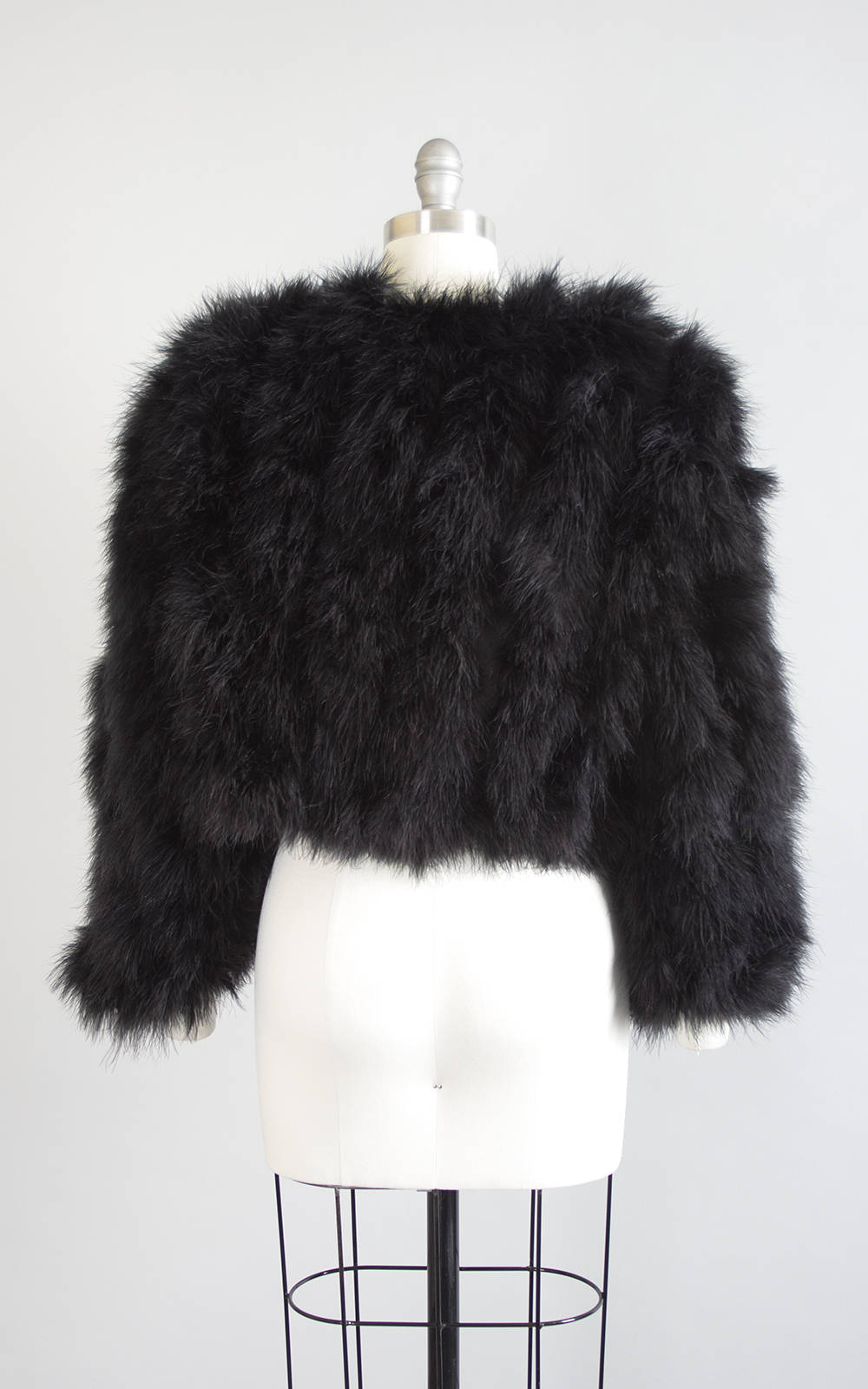 Vintage 1940s Style Jacket | 90s Black Marabou Feather Shrug Cropped Evening Glam Bridal Noir Coat (medium/large/xl)