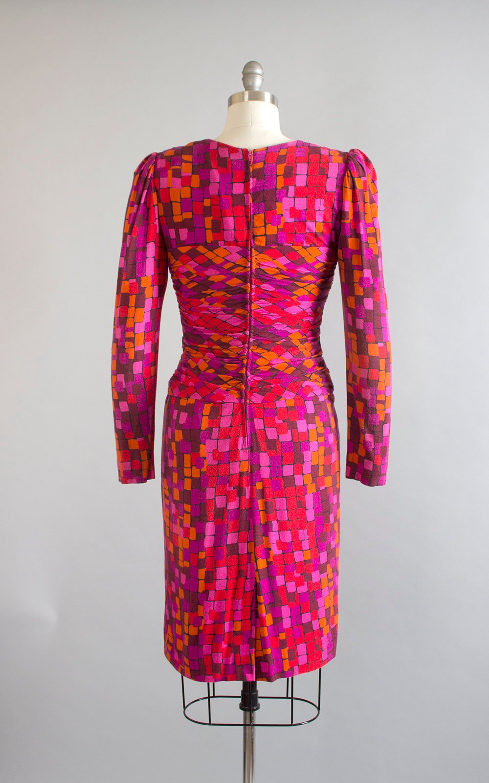 Vintage 1980s Dress | 80s Mosaic Jersey Wool Silk Draped Ruched Long Sleeve Pink Red Purple Wiggle Cocktail Dress (small/medium)