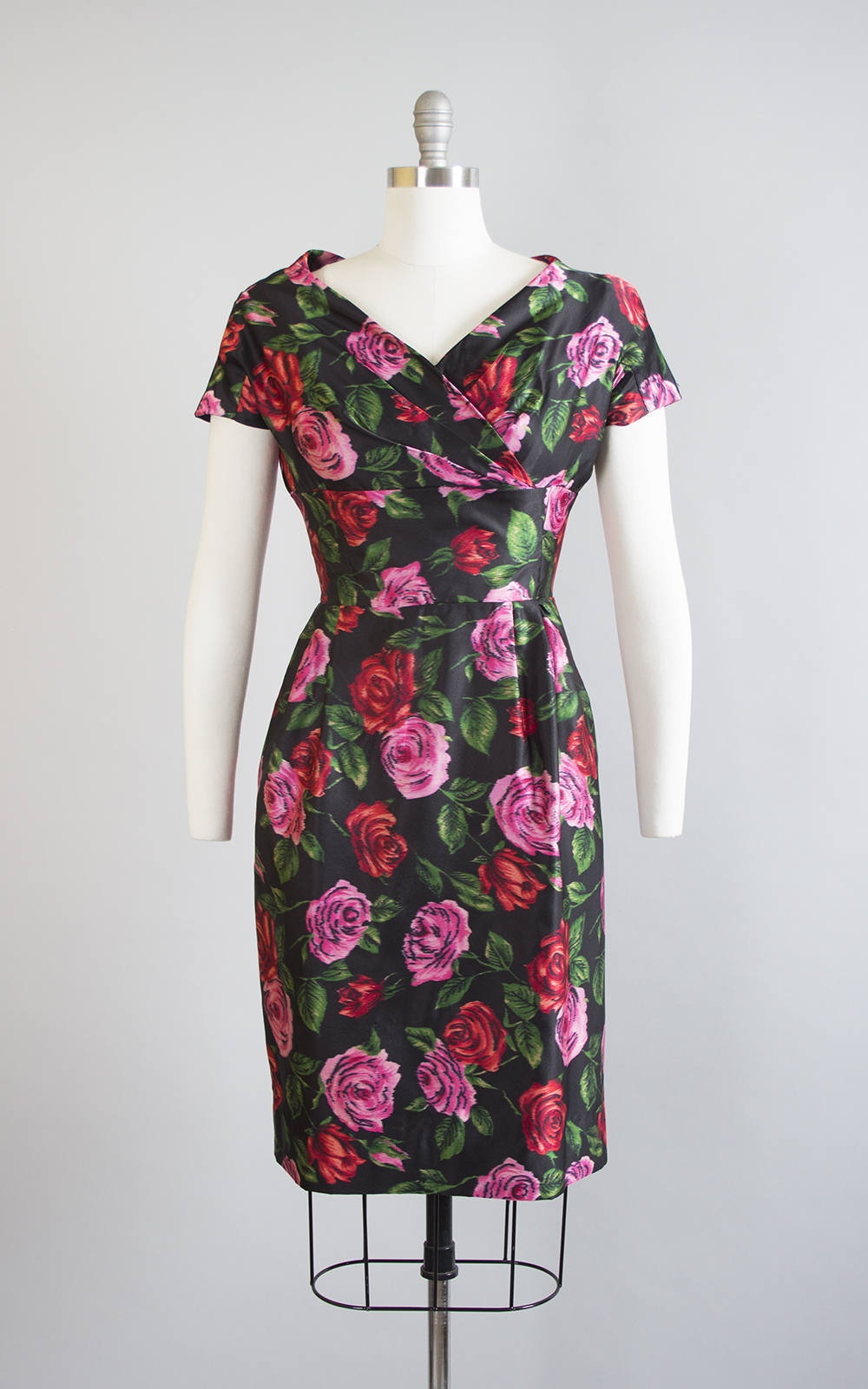 Vintage 1950s Dress | 50s Rose Floral Silk Satin Printed Red Pink Black Wiggle Cocktail Party Dress (small)
