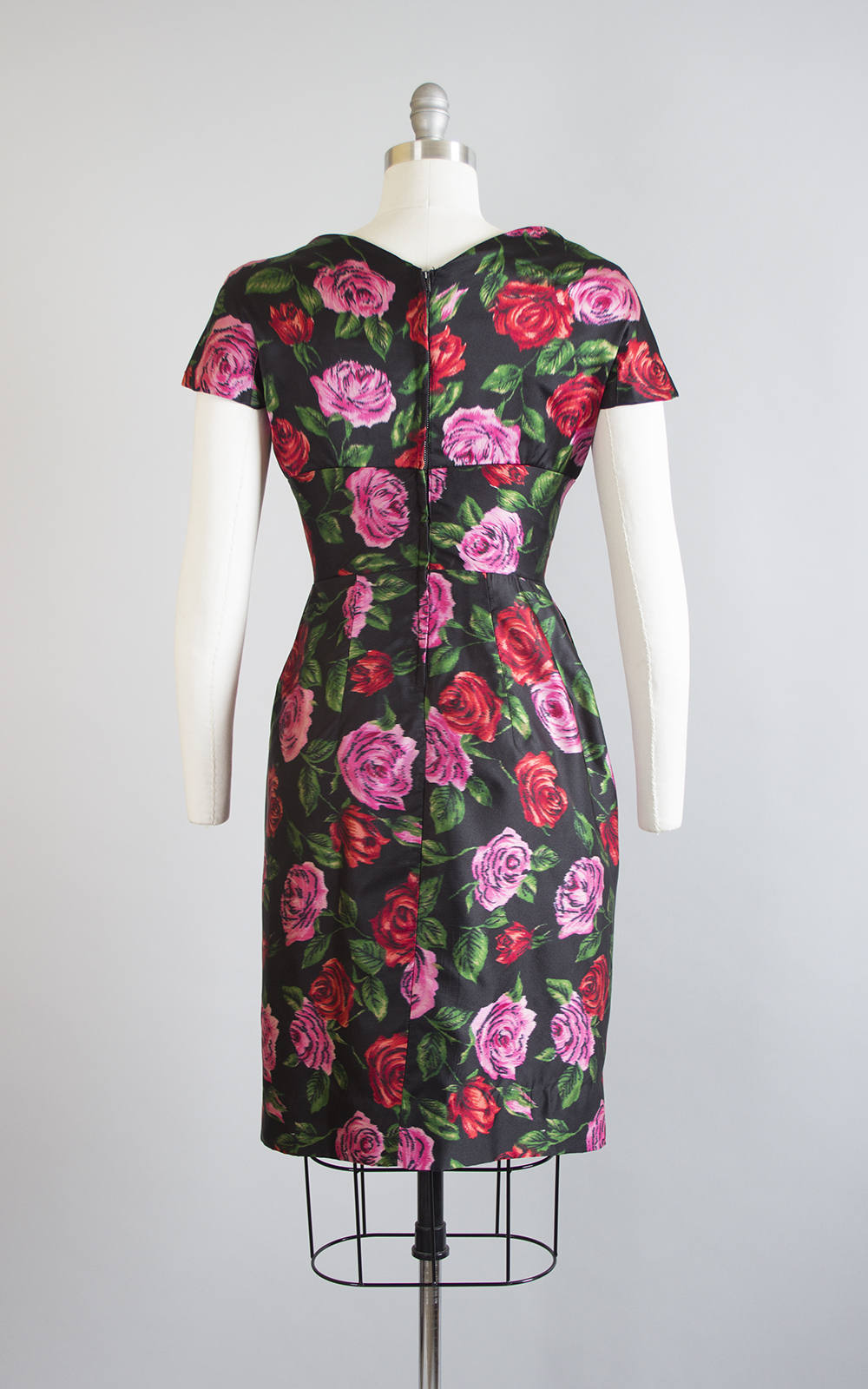 Vintage 1950s Dress | 50s Rose Floral Silk Satin Printed Red Pink Black Wiggle Cocktail Party Dress (small)