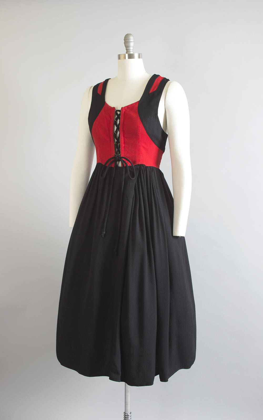 1950s 1960s German Color Block Cotton Lace Up Dress | large/x