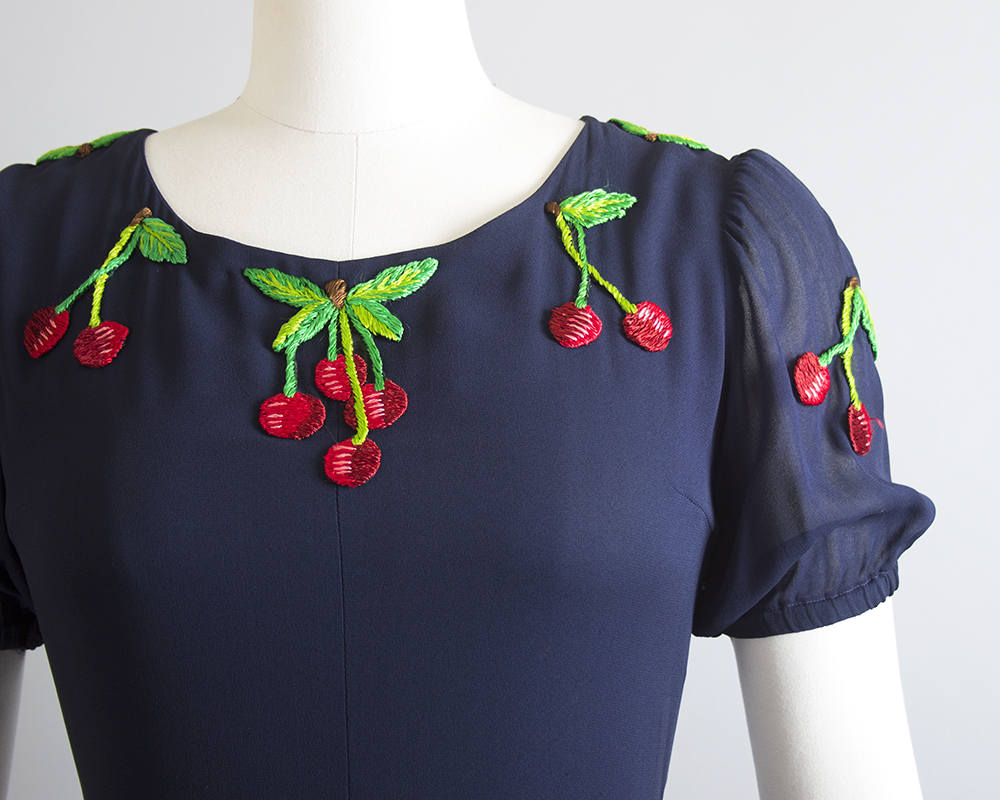 Vintage 1970s Dress | 70s VALENTINO Embroidered Cherries Rayon Chiffon Navy Blue Party Dress Circle Skirt Maxi Evening Gown (medium)